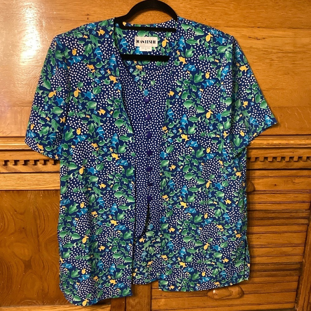 Joan Leslie Vintage Teacher Blue Fish Print Short Sleeve Blouse Layered Look 14